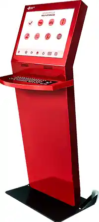 Red Kiosk Color Option Featured on Freestanding Kiosk with Keyboard, Trackball and Base