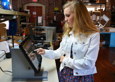 Countertop Computer Kiosk Interactive Buttons In Use During Production