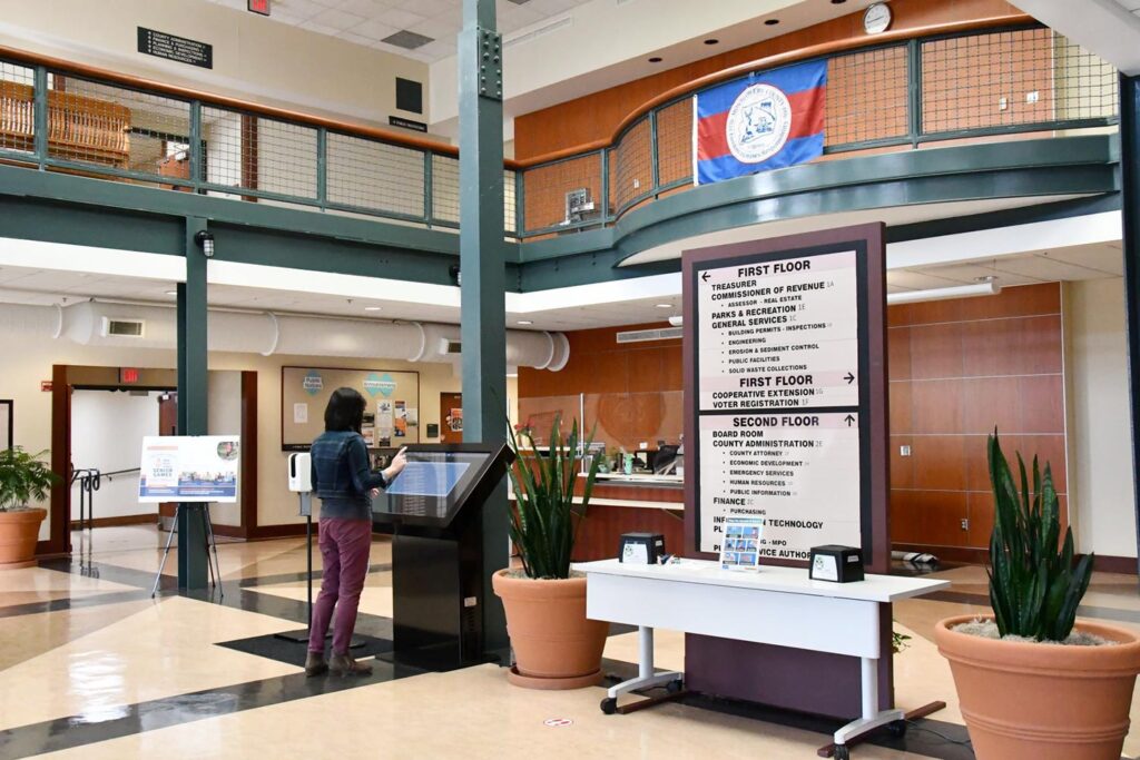 Large Touch Screen Interactive Kiosk in Government Building Lobby
