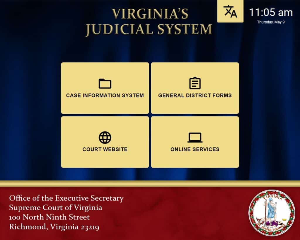 VA Judicial System kiosk user interface