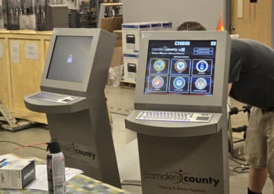 New Outdoor Enviro kiosks for Camden County being built in the Advanced Kiosks warehouse with the Tribute Memorial software interface