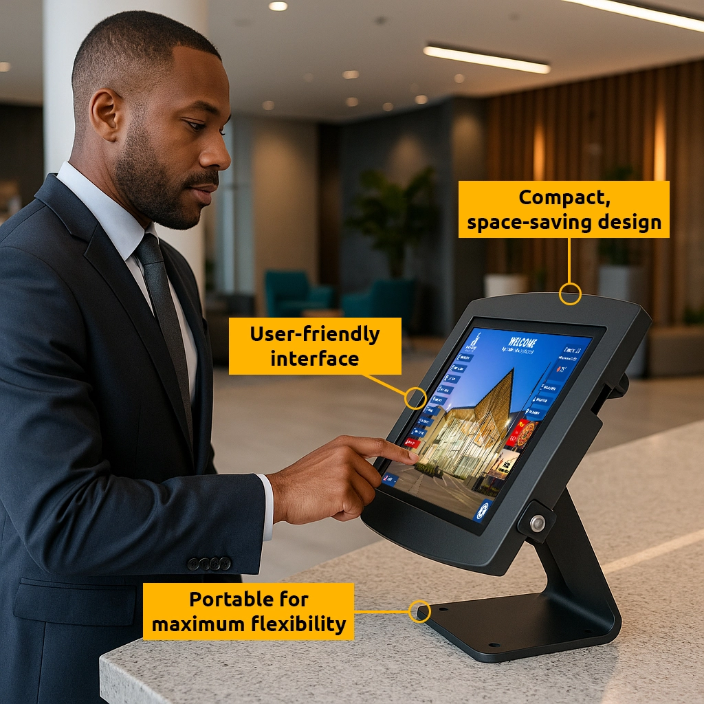 businessman using countertop tablet kiosk in lobby