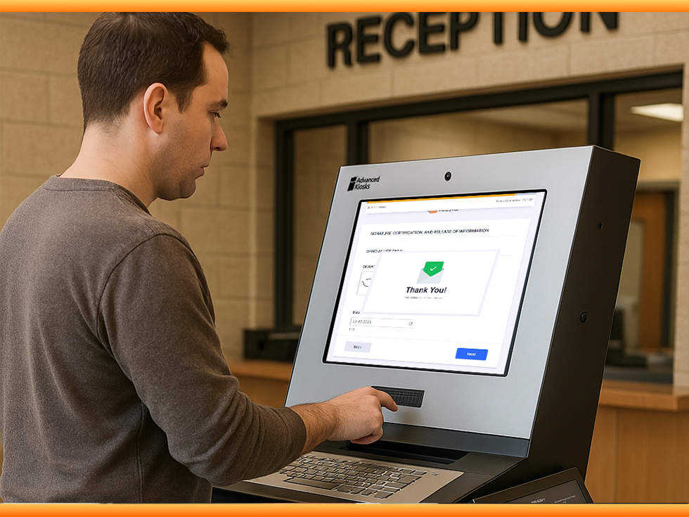 man using kiosk to submit document in police station