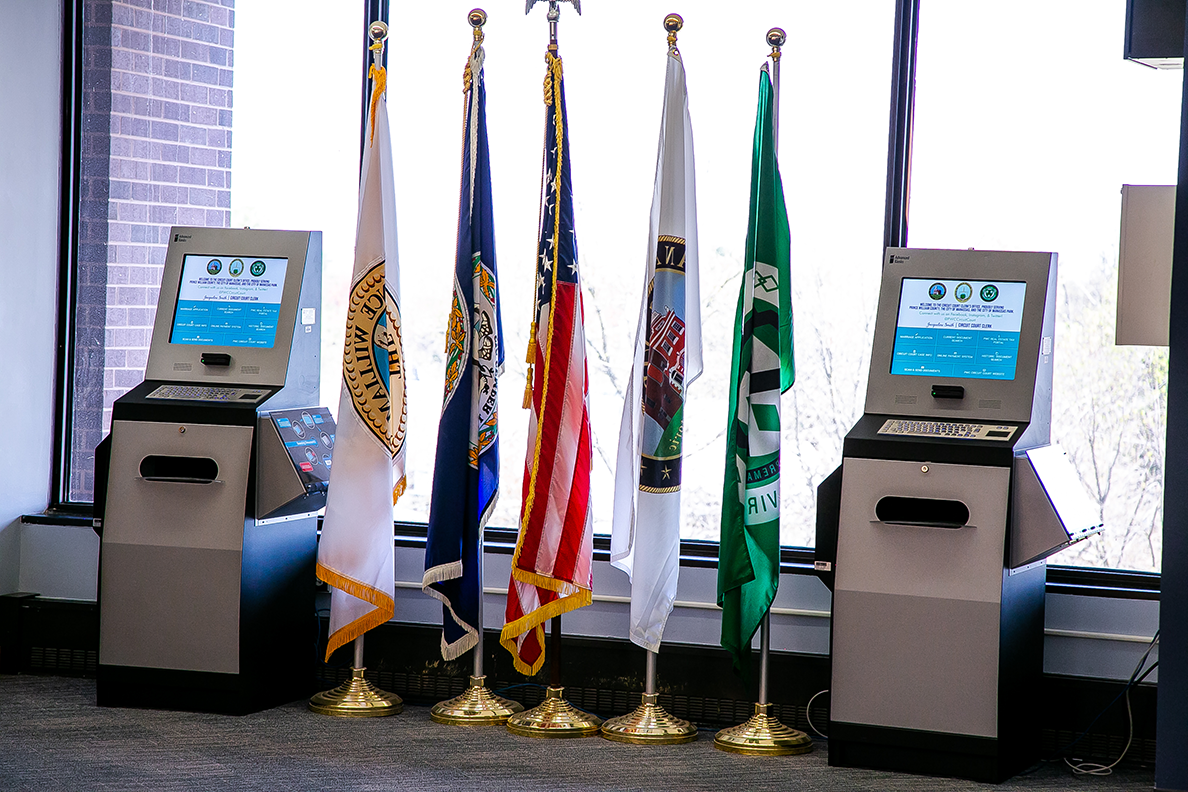 Prince William County Circuit Court kiosks and flags
