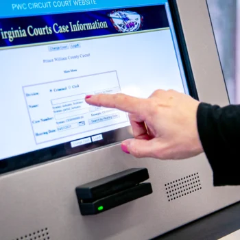 Prince William County Circuit Court touchscreen kiosk close up Prince William County Circuit Court touchscreen kiosk close up