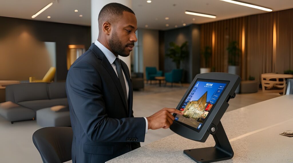 Greeter Visitor Management System - Tablet Kiosk in Use Office