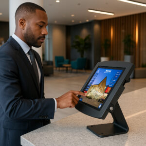 Greeter countertop tablet kiosk in lobby