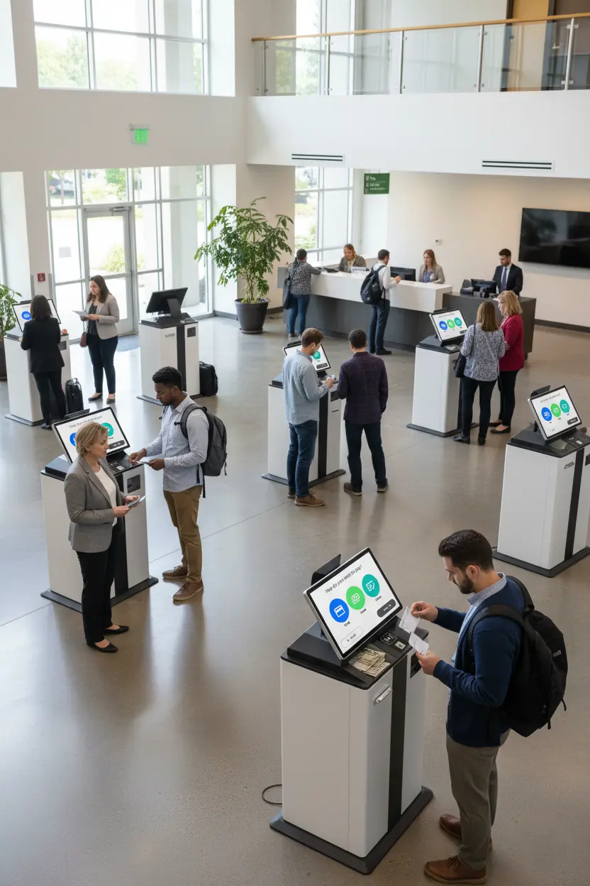 The Vault Self-Service Payment Kiosks in a lobby The Vault Self-Service Payment Kiosks in a lobby