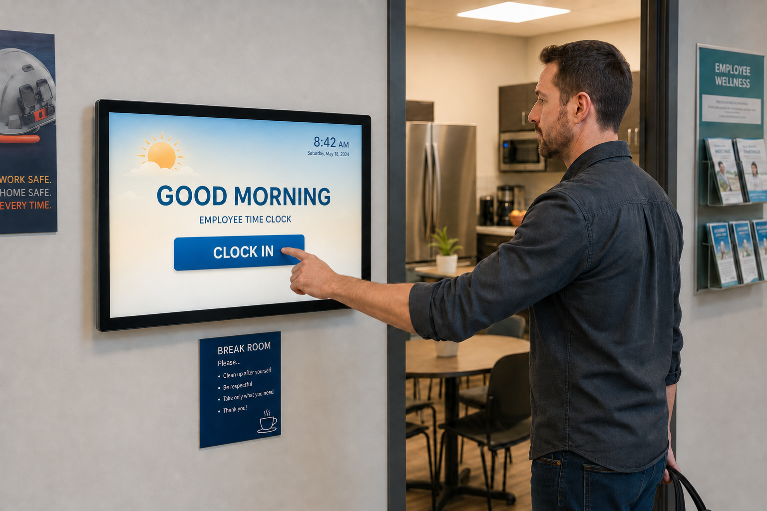 Employee clocking in on wall-mounted HR kiosk