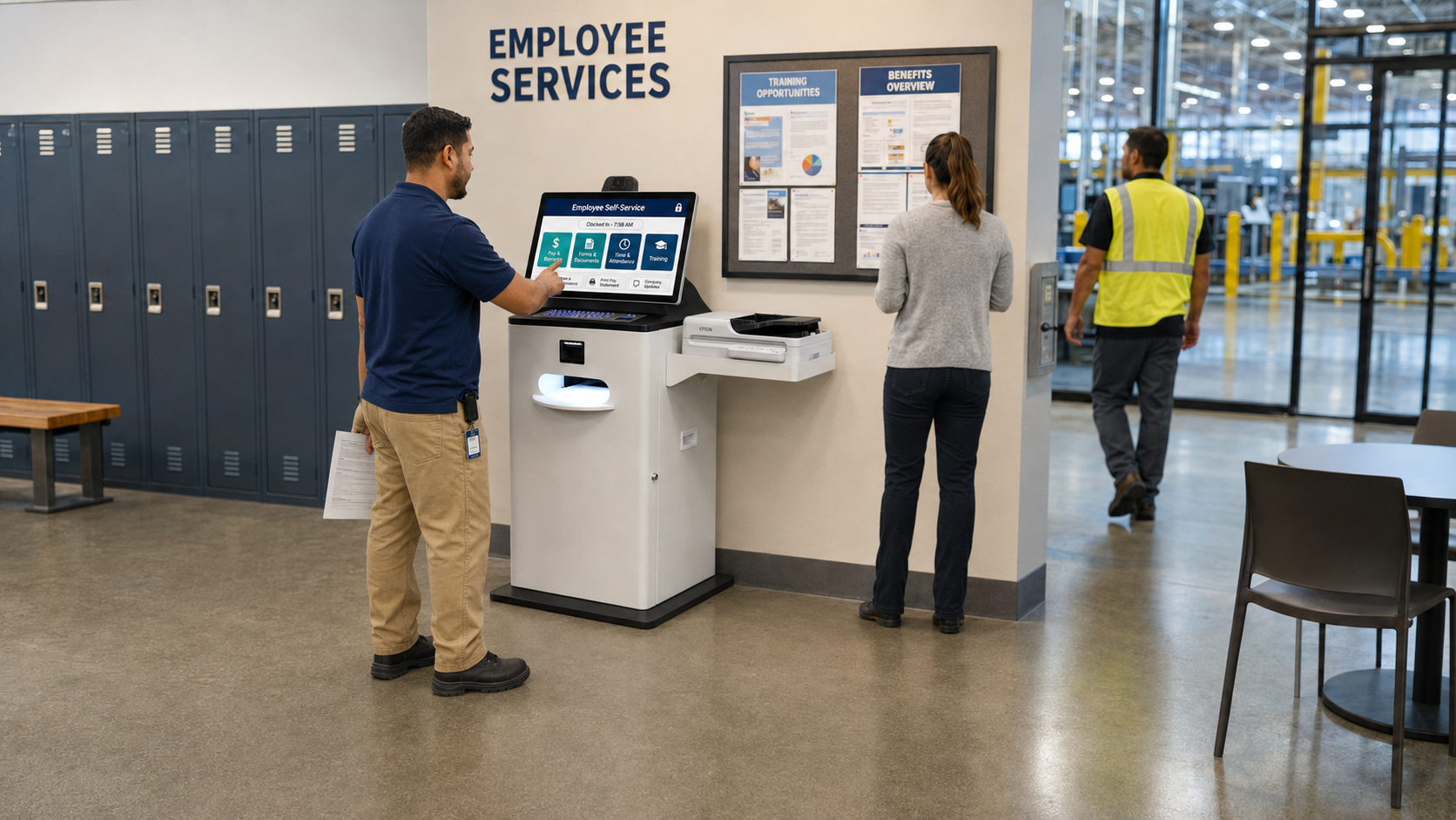 Employee using HR kiosk in break room