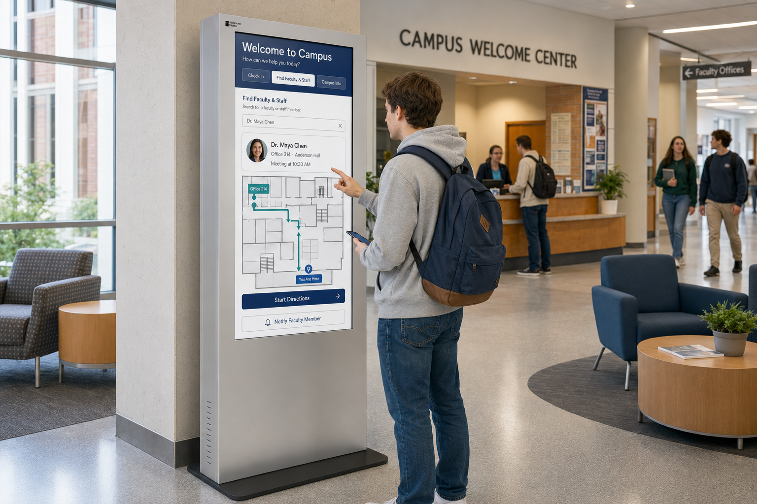 Student using Greeter Visitor Management System for wayfinding