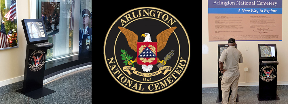 Arlington National Cemetery logo and kiosks