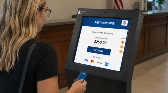 Pay bills and fees on freestanding kiosk