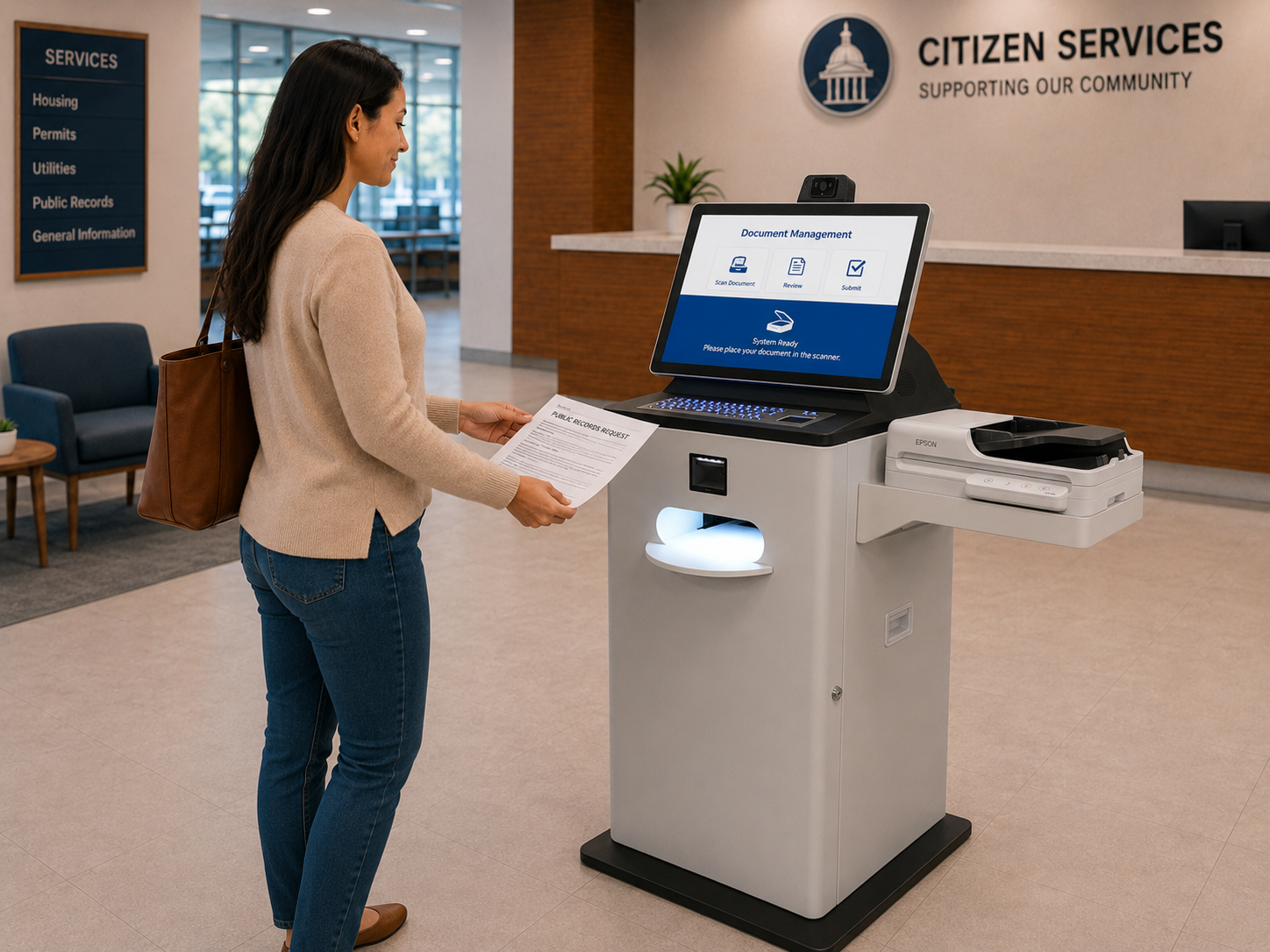 Citizen using document processing kiosk in housing authority