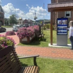 Interactive outdoor touch screen kiosk in use