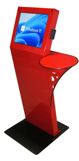 Red Freestanding kiosk with mag strip and side table