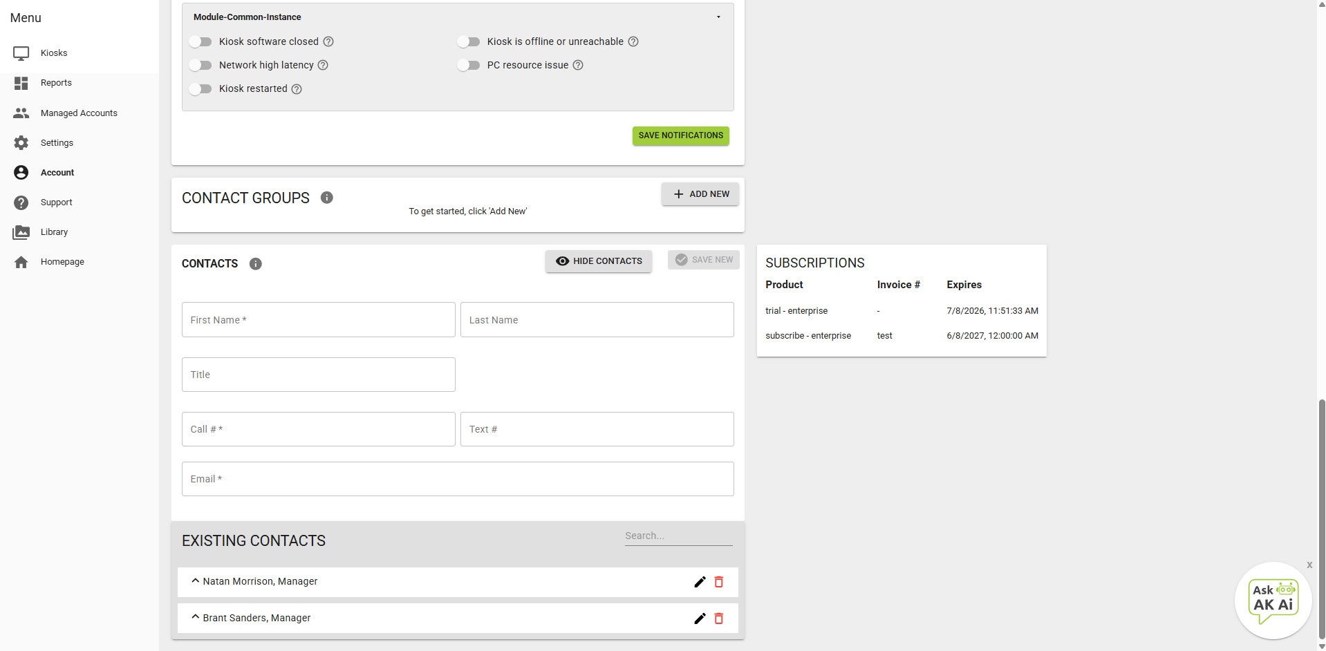 Account menu showing login credential fields, the contact list, and subscription status.