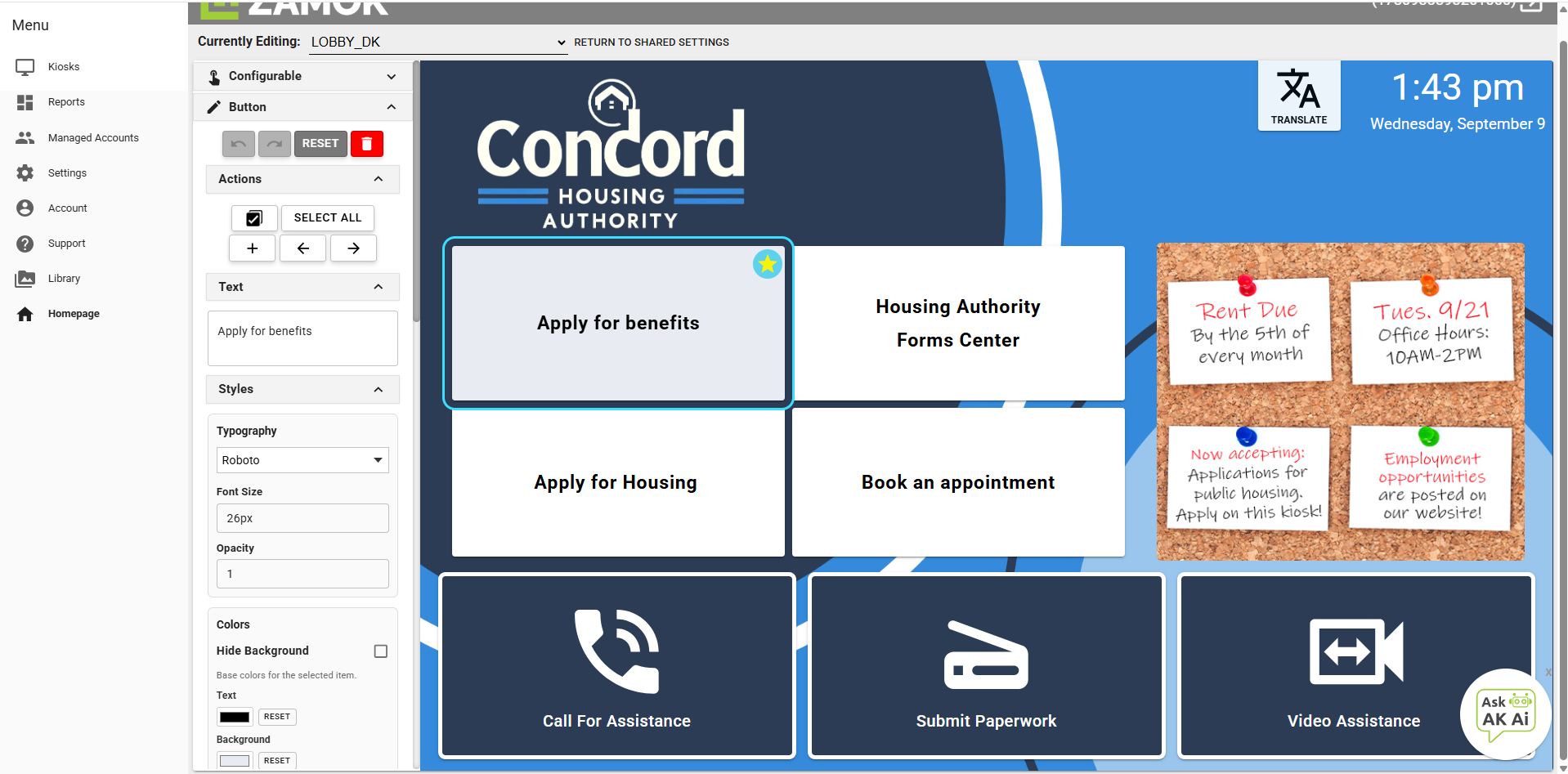 Homepage editor with styling controls on the left and a live preview of the kiosk homepage on the right.