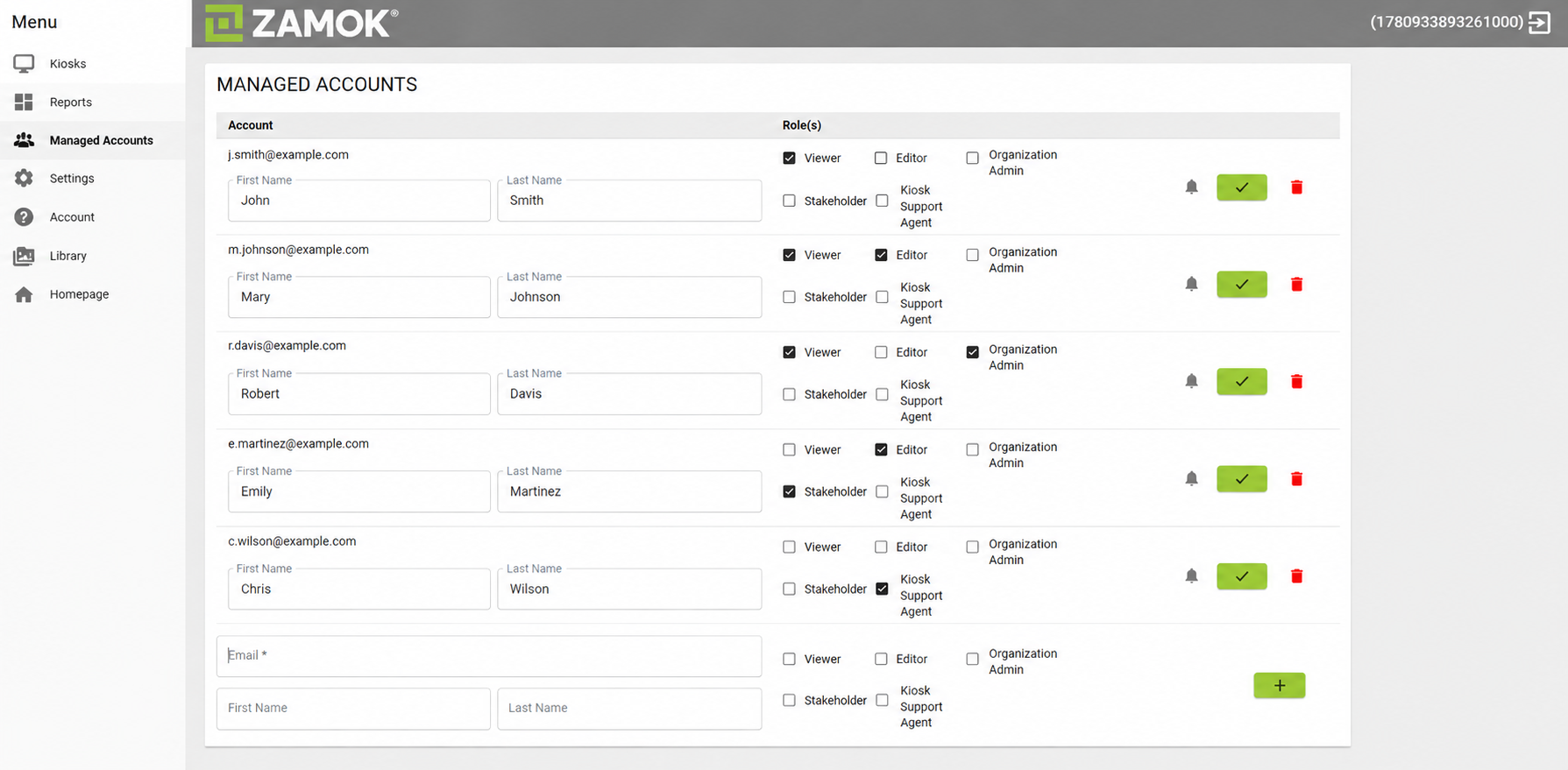 Managed Accounts screen listing user emails with role assignments for Viewer, Editor, and Organization Admin.