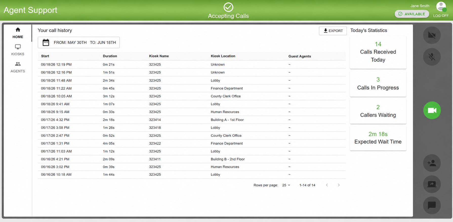 Agent dashboard Home with call history and stats