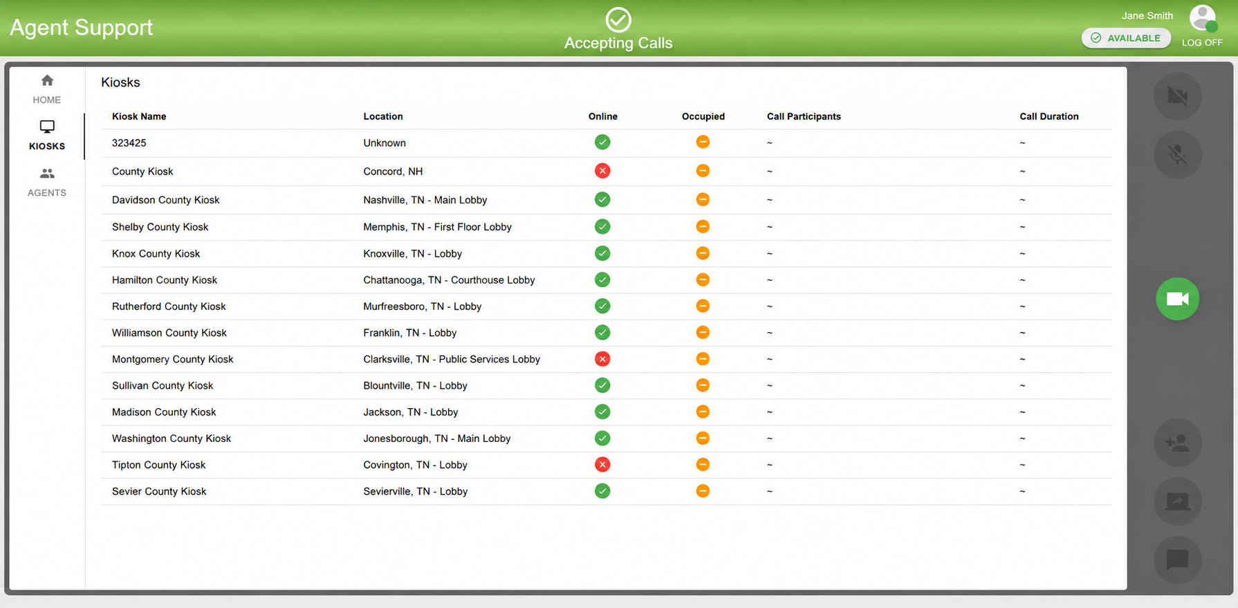 Agent dashboard Kiosks view