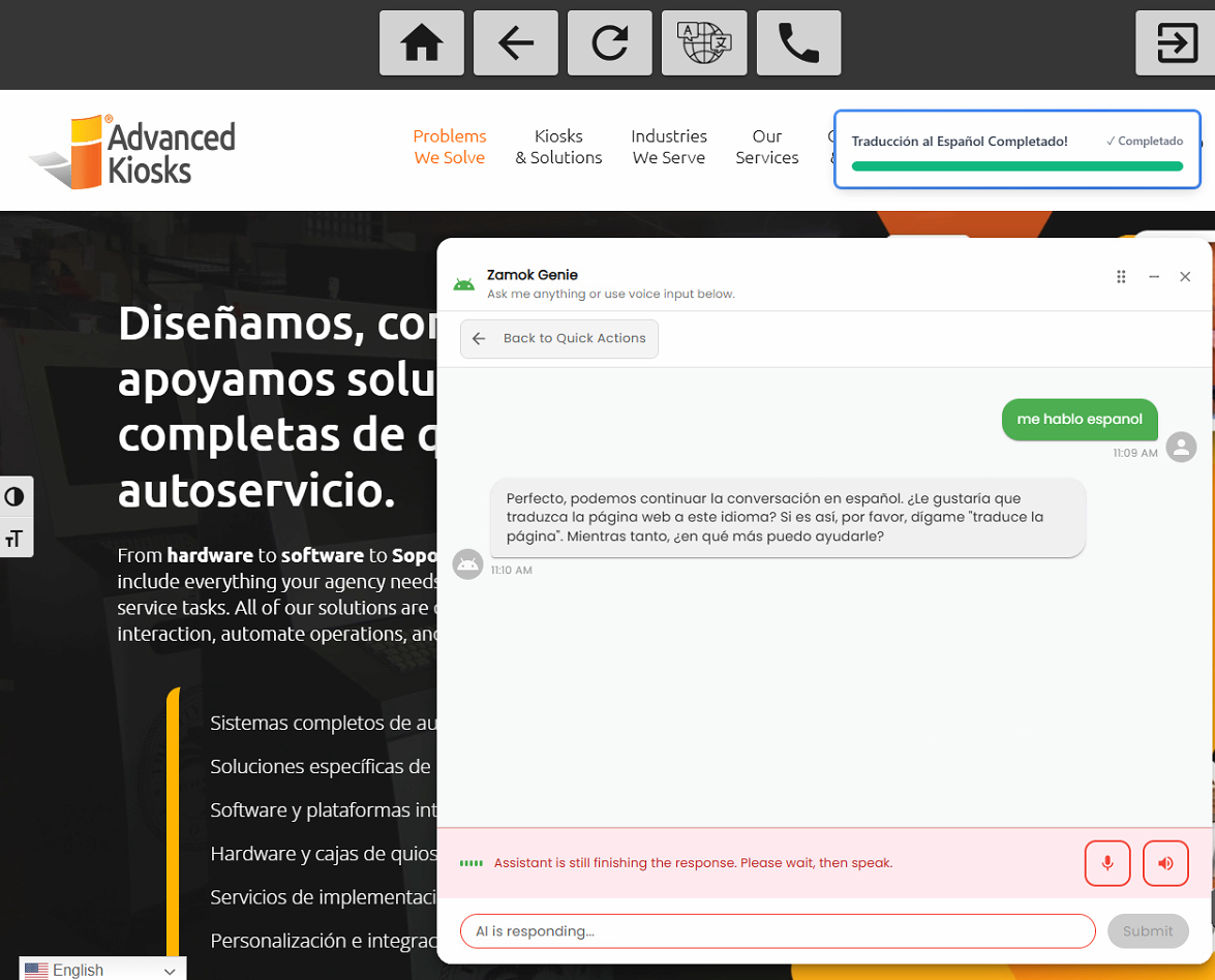Zamok Genie translating the kiosk page to Spanish while chatting