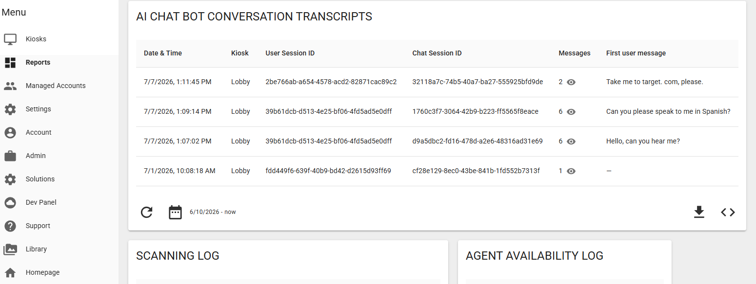 Conversation transcripts report list